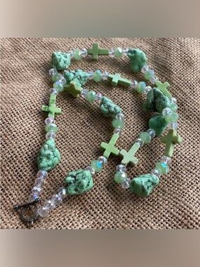 Turquoise Green Crosses Necklace Glass Beads Stone Necklace Western New